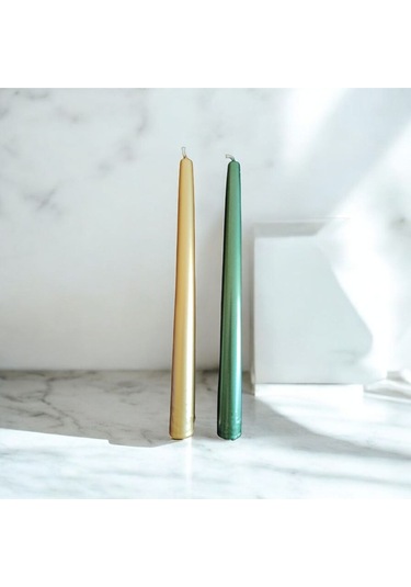 Denic 2 li Metalik Yeşil ve Gold Şamdan Mum Konik Mum