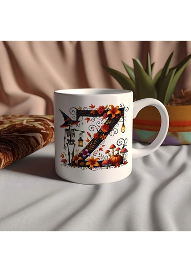 Z Harfi Şapkalı İskelet Figürlü Ve Çiçekli Kupa Bardak - Cadılar Bayramı / Halloween Özel Hediye Beyaz