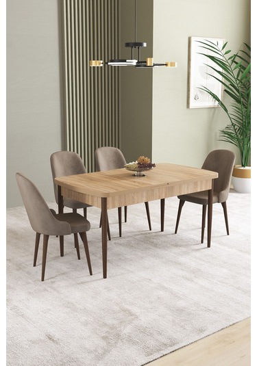 Ikon Meşe Desen 80x132 Mdf Açılabilir Mutfak Masası Takımı 4 Adet Sandalye Cappucino