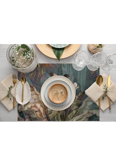 Adawall Tropikal Yaprak Detaylı Kumaş Amerikan Servis 4'lü Set Çok Renkli