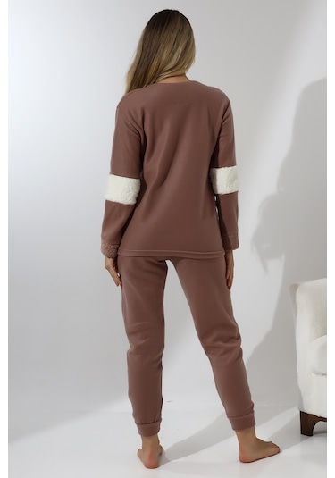 Fawn 5024 Peluş Welsoft Polar Kışlık Yumoş Kadın Pijama Takımı Vizon