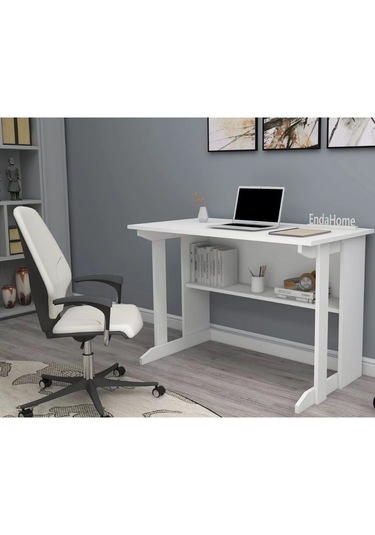 Reyo Home Enda Pillar Kütüphaneli Çalışma Masası 100x56cm Beyaz