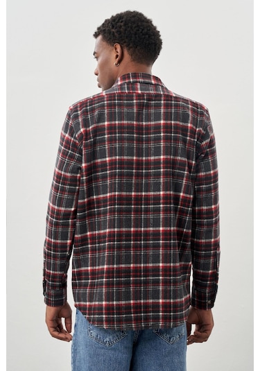 Vişne Yünlü Ekose Desen Yumuşak Yaka Cepsiz Uzun Kol Casual Comfort Fit Gömlek 1004245227 Vişne