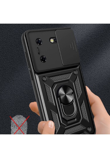Zore Tecno Pova 5 Kılıf Magnetik Standlı Kamera Korumalı Msra Sürgülü Vega Kapak - Siyah Siyah