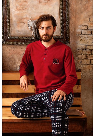 Nisanca 3 Renk Kışlık Erkek Polar Pijama Takımı Bordo
