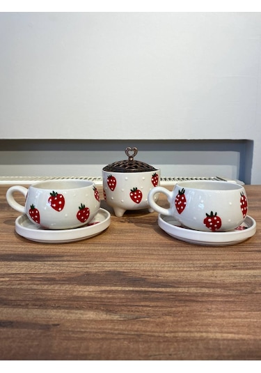 Çilek Desenli El Yapımı Seramik Fincan, Kupa Seti Ve Şekerlik