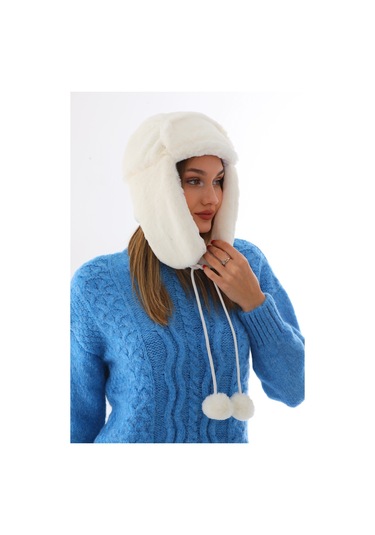 Kadın Ekru Kürklü Kulaklıklı Peluş Şapka Ekru