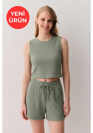 Kadın Bürümcük Basic Askılı Crop Kısa Şort Alt Üst Şortlu Takım Haki