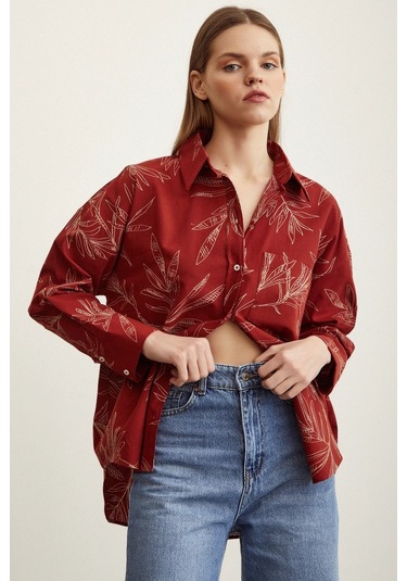 Never More Çiçek Desenli Poplin Gömlek Kiremit