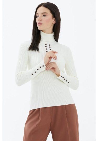 Tam Balıkçı Yaka Düğmeli Triko Kazak  - Kemik