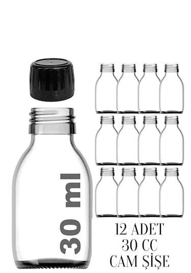 Rotanev 12 Adet 30 ml Kilitli Siyah Kapaklı Şeffaf Detox Shot Şişesi 30 Cc Ginger Şat Beyaz Cam Şişe