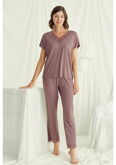 Monamise 18512 Kadın V Yaka Kısa Kollu Pijama Takımı-kahve Kahve
