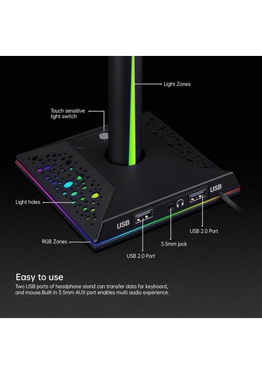 Fastbuy Rgb Işık Kulaklık Tutucu, Usb Genişletme, 3.5mm Jack, Siyah Abs-alüminyum, Ayrılabilir Tasarım