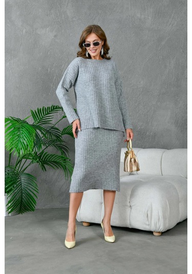 Kadın Bisiklet Yaka Uzun Kazak Etek İkili Triko Takım Gri
