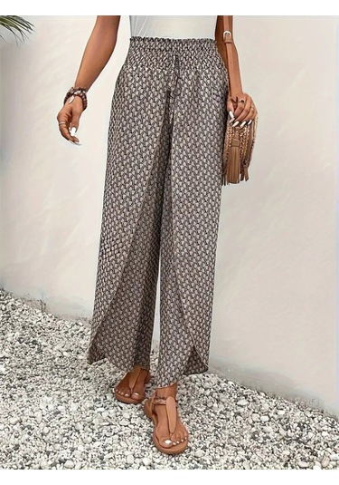 The İstanbul Kadın Yüksek Bel Lastikli Önden Iki Parçalı Desenli Bürümcük Pantolon Bej