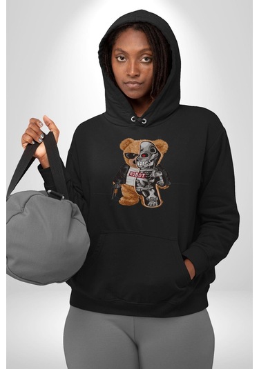 Robot Ayı Güneş Gözlüğü Kadın Erkek Siyah Kapüşonlu Sweatshirt Hoodie Siyah