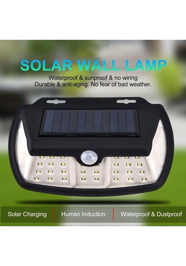 Moly Güneş Enerjili Duvar Lambası, İnsan Algılama, 3 Mod, 8-10m Mesafe, Ip44 Su Geçirmez, 42 Led Siyah Siyah