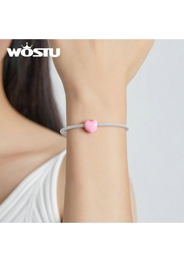 Novahub 925 Ayar Gümüş Kalp Şekli Boncuk Fit Bilezik, Pembe, Kırmızı, Mavi Renkli Emaye, Wostu Tasarım, Kadın Takı Pembe