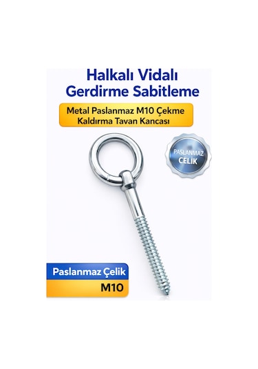 M10 Halkalı Vida Tavan Askı Kancası Paslanmaz Metal Gerdirme Sabitleme Vidası 10