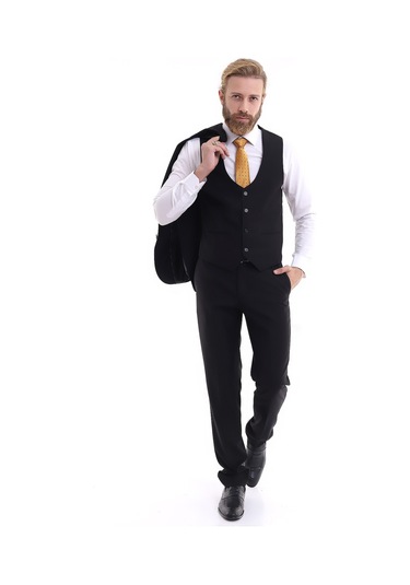 Presto Erkek Yelekli Slimfit Takım Elbise 6 Drop Siyah 581-001 Siyah
