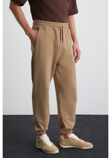 Rowan Erkek Relaxed Içi Şardonlu Önü Nervürlü Dekoratif Etiketli Vizon Eşofman Altı