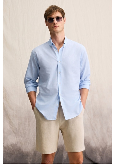 Lasse Erkek Gömlek Yaka Manşetli Uzun Kollu Regular Fit Keten Karışımlı Mavi Gömlek