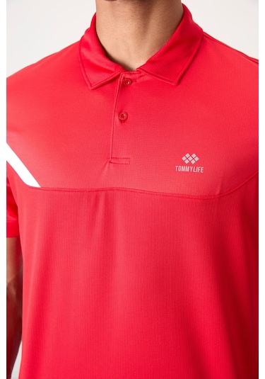 Kırmızı Nefes Alan Dokulu İnce Esnek Standart Fit Polo Yaka Erkek Performans T-shirt - 88402 Kırmızı
