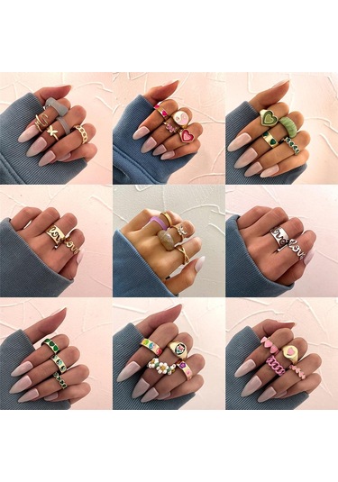 If Me Kore Moda Altın Gümüş Yüzük Seti Kalp Şeklinde Kelebek Ultra İnce Yüzükler Kadın Aksesuarları 17 Altın - Gümüş