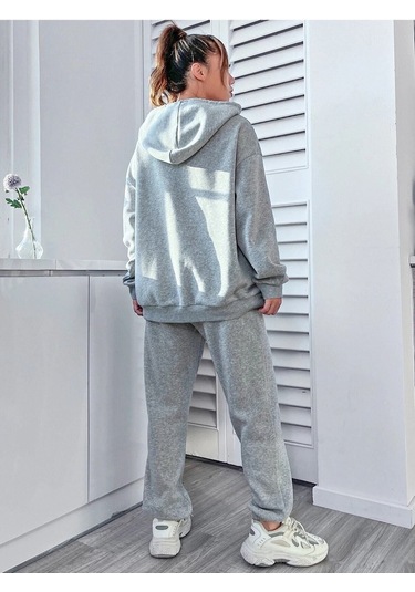 Happiness Eşofman Takımı Sweatshirt Jogger - Gri Baskılı Oversize Şardonlu Kapüşonlu Gri