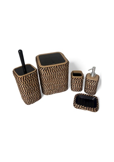 Doğal Dokulu Hasır Görünümlü 6 Parça Banyo Takımı Zarif Ve Modern Siyah