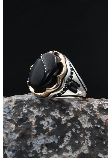 Oniks Taşlı Gümüş Yüzük 925 Ayar Zirkon Taş Süslemeli 902037 Gümüş