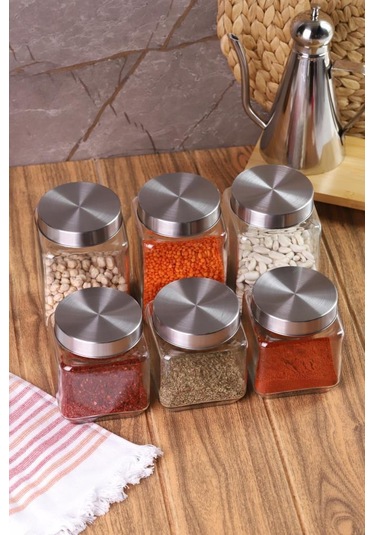 Metal Kapaklı 6'lı Borosilikat Cam Kavanoz Baharatlık 820 ML + 570 ML