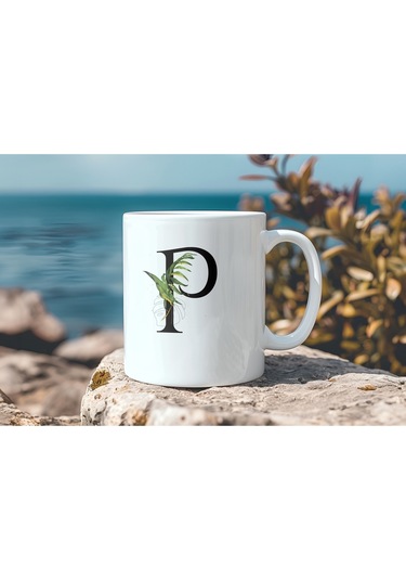 P Harf Zarif Yaprak Desenli Kupa Bardak - Naturel Sade Alfabe Harfli Bardak - Kişiye Özel Hediye Beyaz