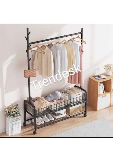 Metal Siyah 2 Raflı Raflı Konfeksiyon Askılığı Ayaklı Elbise Askılığı 176cm Siyah