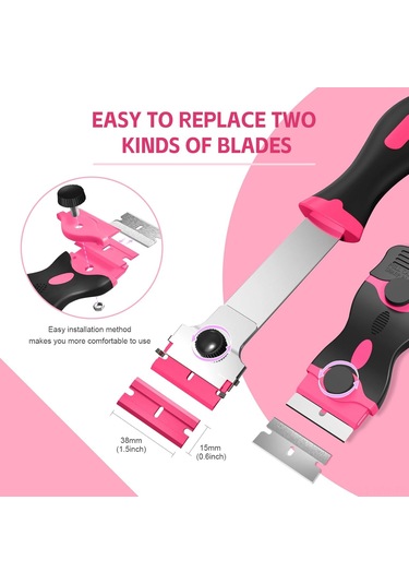Moveevo 3'lü Temizlik Scraper Seti: 30 Plastik + 30 Metal Bıçaklı, Aluminyum Gövde, Kaydırmaz Kolu, Çift Taraflı Kullanim, Ev Temizliği İçin Pembe Diğer