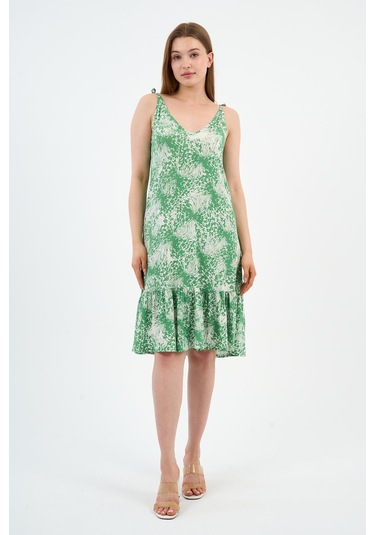 Bağlama Detaylı Askılı Volanlı Elbise B24-425-01 Yeşil