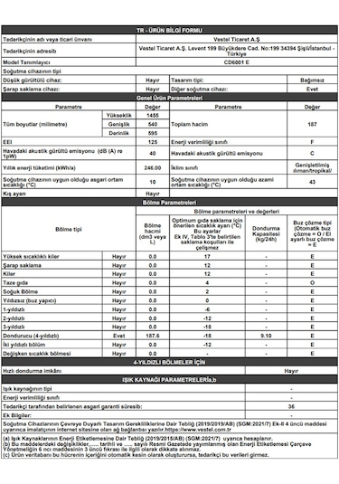 Vestel CD6001 E 188 LT 6 Çekmeceli Dikey Derin Dondurucu