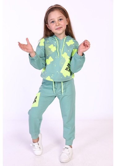 Toontoy Kız Çocuk Baskılı Eşofman Takımı Gri Melanj