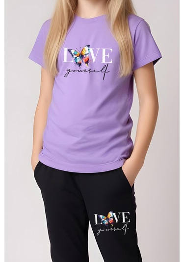 Fyk Kids Kız Çocuk Baskılı Love Your Self Bel Detayı Lastikli Alt-üst Takım Lila