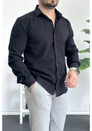 Erkek Krinkıl Kumaş Gömlek Siyah Edw362 Siyah