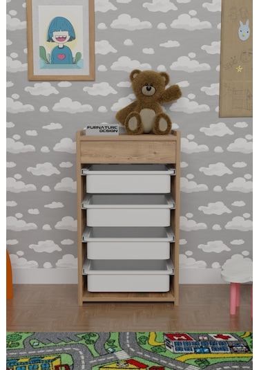 Çok Amaçlı 4 Sepetli Oyuncak Dolabı Atlantik Çam - Beyaz Kahverengi
