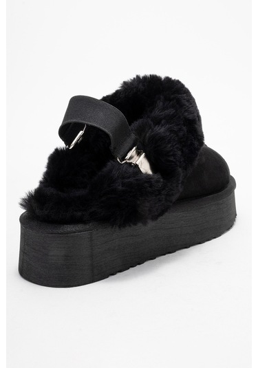 Olessa Siyah Hakiki Deri Süet Kadın Kürklü Terlik Siyah