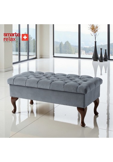 Smarto Relax Puf Mürren Sandıklı Ayaklı Kapitoneli Dekoratif 100x40x45 Cm Gri Gri