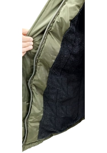 Kız Çocuk Haki Beli Lastikli Kapüşonu Kürklü Kol Ucu Ribanalı Fermuar Çıtçıt Kapamalı Midi Boy Mont Haki