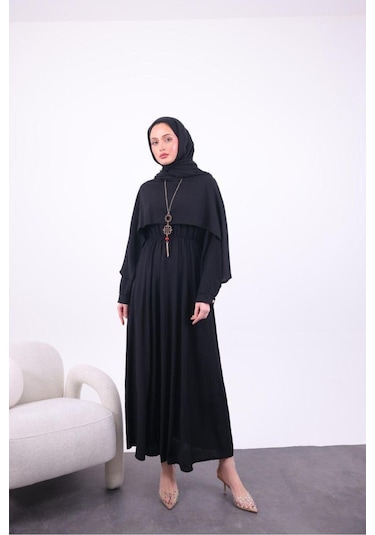 Pelerinli Asimetrik Kolyeli Elbise Siyah