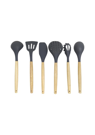 Ivory Doğal Bambu Saplı %100 Silikon Mutfak Seti 6 Parça Gri