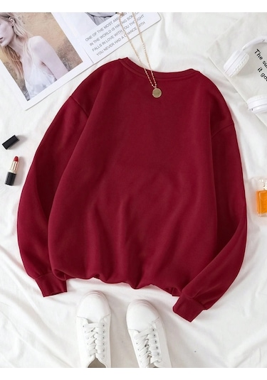 Kadın Bordo Düz Bisiklet Yaka Sweatshirt Bordo