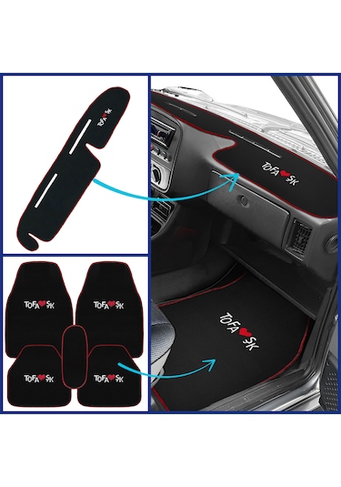 Tofaş Şahin Doğan Kartal Siyah Renk Oto Halı Paspas Seti + Yüksek Torpido Koruma Kaplama Halısı