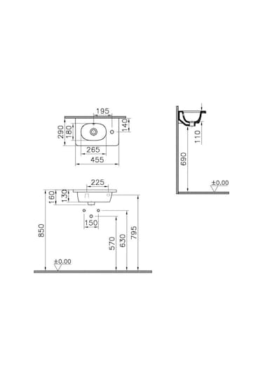 Vitra Zentrum 7789B003-0029 Sağ Armatür Delikli Etajerli Lavabo.
