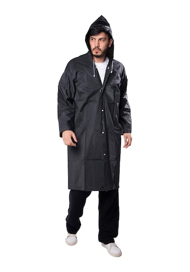 Marlux Unisex Su Rüzgar Geçirmez Kapüşonlu Çıtçıt Düğme Eva Yağmurluk - Siyah - Beyaz